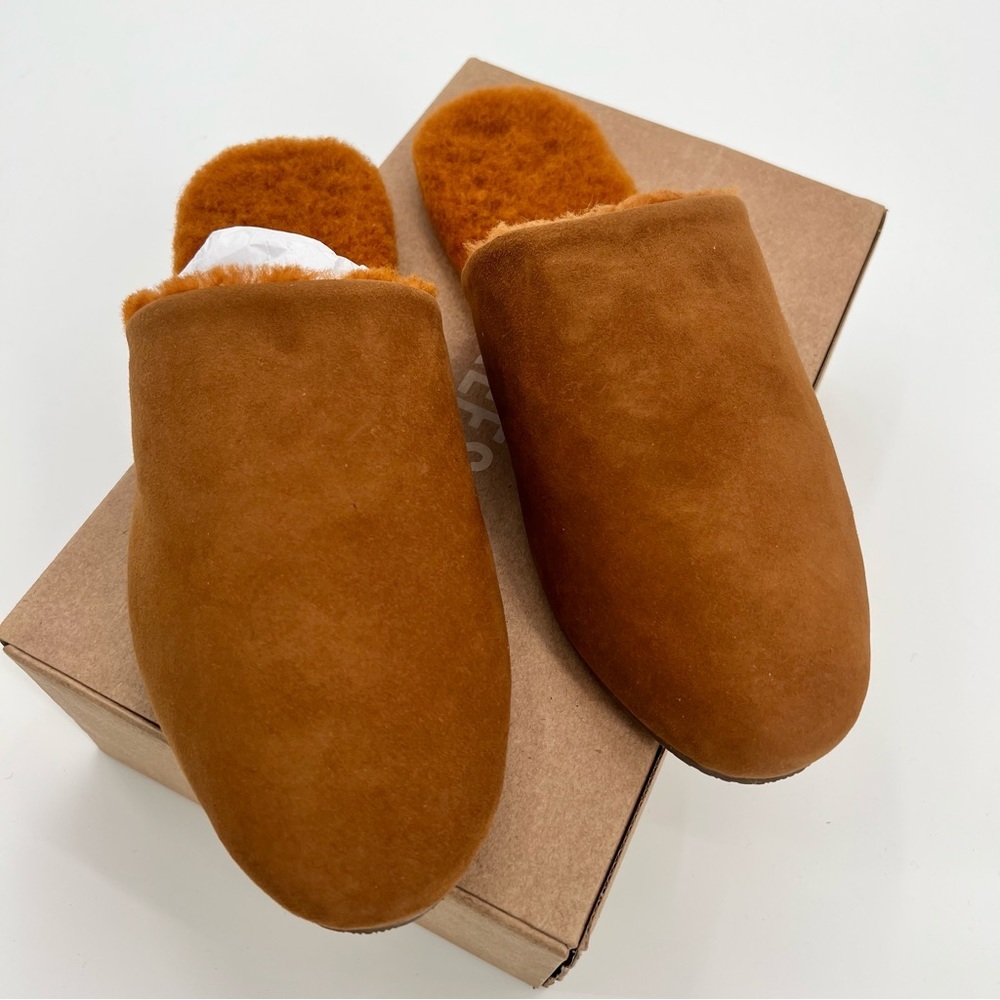 NWT TKEES Ines Shearling Camel Sandal Flats US 9 EU 40 Loafers Suede Mules Tan - Picture 4 of 10